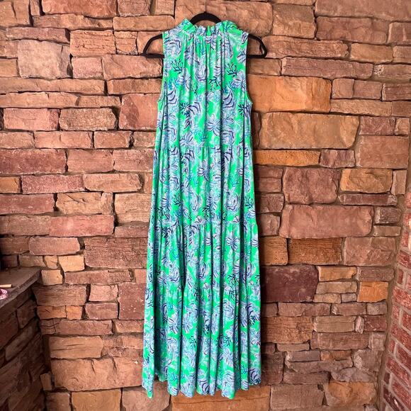 LILLY PULITZER Cabana Keepin It Reel Malone Blue Green Maxi Tiered Dress L - Picture 3 of 15